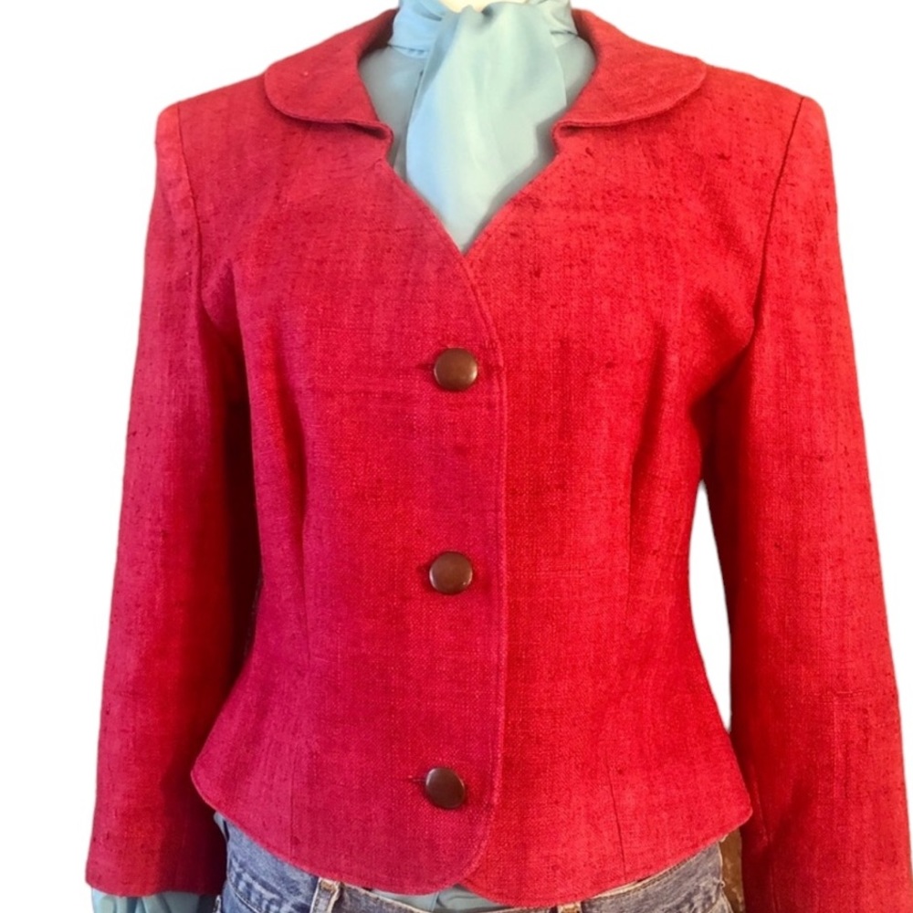 Vintage Solid Red Silk Fitted‎ Blazer, Chic! Small Size